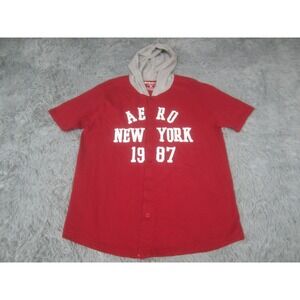 Aeropostale Shirt Mens Large Red Gray Button Up Hooded Short Sleeve New York